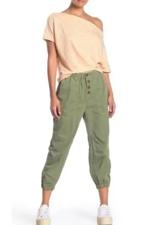 Free People Olive Green Button Front Jogger Pants Articulated Knee Size M - Picture 12 of 12